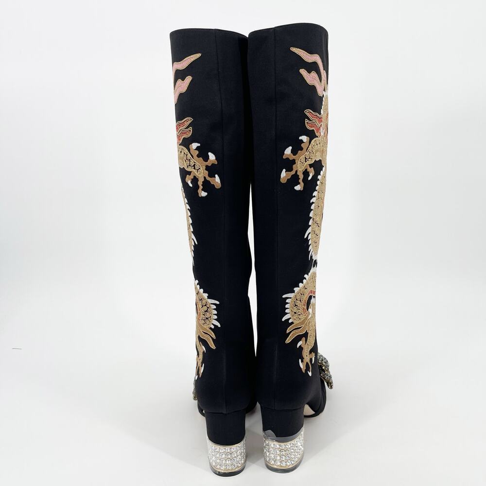 Gucci Black Candy Dragon Crystal Bow Satin Embroidered Heeled Boots EU 37 - Picture 9 of 16